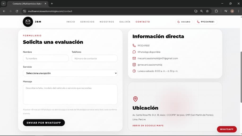 Página de contacto — formulario WhatsApp e información directa del taller