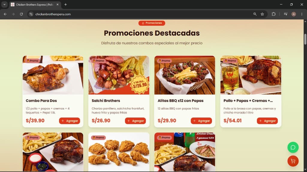 Sección de promociones destacadas en el sitio web de Chicken Brothers Express