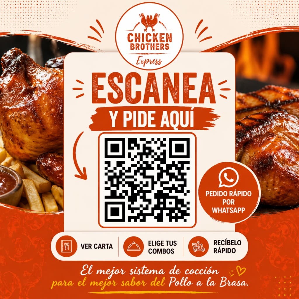 Flyer QR Chicken Brothers: escanear para ver la carta y pedir por WhatsApp